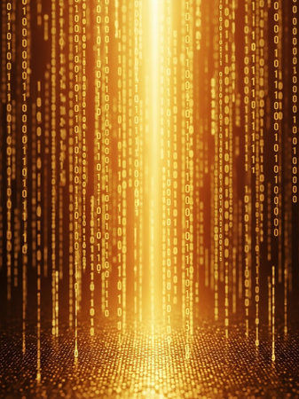 A vertical stream of golden binary code, composed of zeros and ones, cascades down onto a textured, glowing surface, creating a digital rain effect.の素材