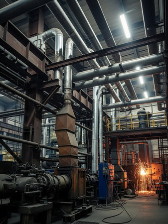 Inside an industrial plant with massive metal pipes, large machinery, and bright sparks from a welding process illuminating the scene.の素材