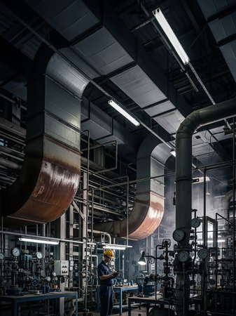 An industrial plant interior with large metal pipes, complex machinery, gauges, and a lone worker in a hard hat examining equipment.の素材