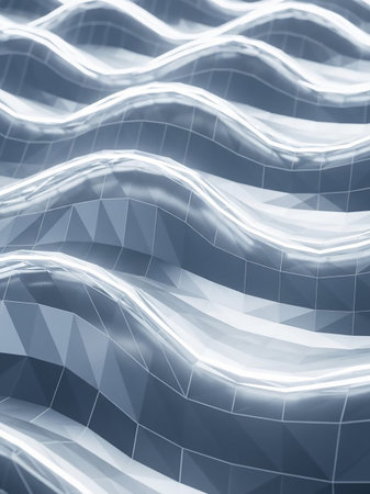 A close-up abstract view of a low poly geometric surface with undulating waves, illuminated by soft blue and white light and outlined by a grid.の素材