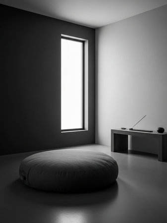 A minimalist interior with a dark gray wall, a tall narrow window letting in bright light, and a large round floor cushion.の素材