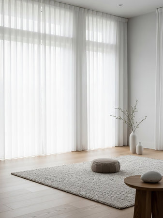 A minimalist living room with sheer white curtains covering large windows, a light-colored rug, a pouf, and decorative vases on a wooden floor.の素材