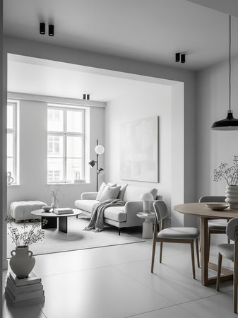 A bright and airy minimalist living and dining space with a neutral color palette, featuring a sofa, coffee table, dining set, and large windows.の素材