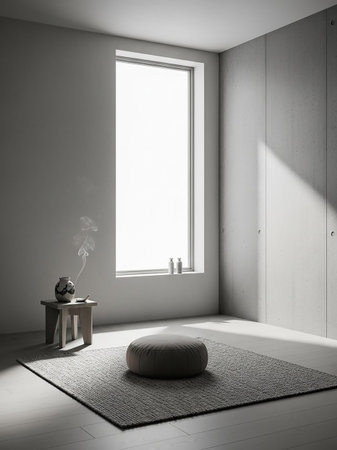 A minimalist room features a large, bright window, a small stool with an incense burner emitting smoke, and a round rug on a wooden floor.の素材