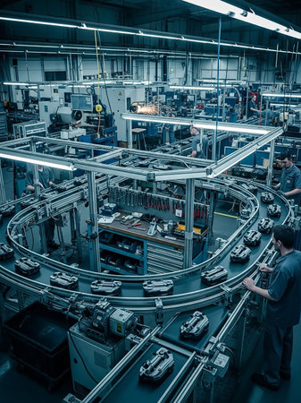 A busy modern factory interior with a curved assembly line conveyor belt carrying parts, and workers attending to the machinery and products.の素材