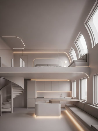 A sleek, minimalist duplex apartment interior featuring a spiral staircase, a mezzanine level, a modern kitchen, and large curved windows that flood the space with light.の素材