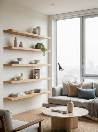 A modern living room interior featuring minimalist floating wooden shelves filled with decor, a neutral-toned sofa, and a large window with natural light.の素材