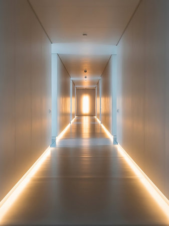 A long, narrow modern hallway with smooth, light-colored walls and a highly reflective floor, illuminated by warm, integrated LED lighting along the baseboards and ceiling.の素材