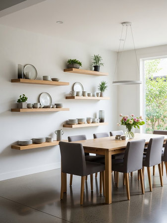 A modern dining room features a wooden table with grey chairs, floating shelves displaying dishes, and a bouquet of flowers in a vase by a window.の素材