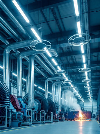 The interior of a power plant with massive turbines, extensive piping, and bright fluorescent lighting, with sparks from welding visible in the distance.の素材