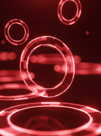 Several glowing red digital rings are floating in a dark space with a bokeh effect, creating a futuristic and abstract visual.の素材
