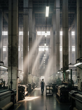 A lone worker walks down a long aisle in a vast, old factory, with dramatic sunbeams piercing through the windows and illuminating dust particles.の素材