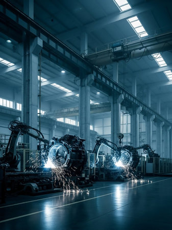 Robotic arms are actively welding metal components in a dimly lit factory, with bright sparks illuminating the scene and casting reflections on the floor.の素材