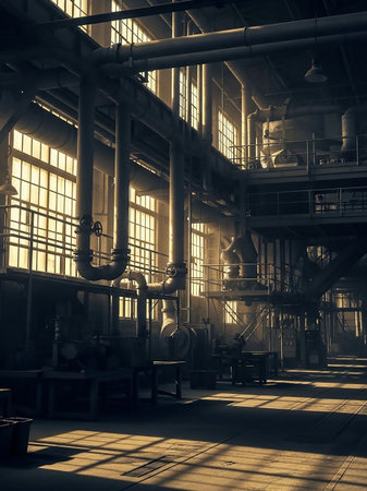 An atmospheric industrial interior with large windows casting dramatic sunlight and shadows across exposed pipes and machinery.の素材