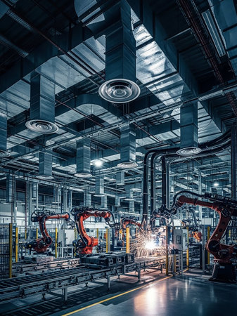 Robotic arms with orange accents weld on a conveyor belt in a dimly lit factory with extensive ductwork and industrial lighting.の素材