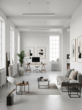 A bright and spacious modern interior combines an office area with a desk and computer with a living area featuring a sofa, coffee tables, and abstract art, illuminated by large windows.の素材