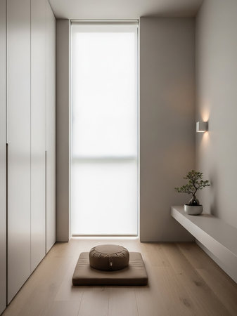 A minimalist room features a meditation cushion on a mat, a small bonsai tree on a shelf, and a tall window with diffused light, creating a serene atmosphere.の素材