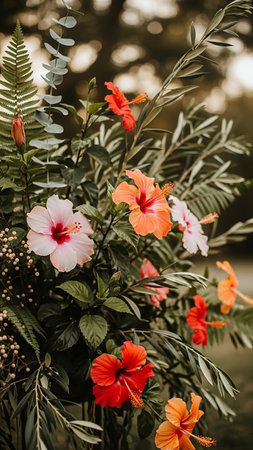 A close-up of vibrant red, orange, and pink hibiscus flowers with lush green foliage and delicate details in a natural outdoor setting.の素材
