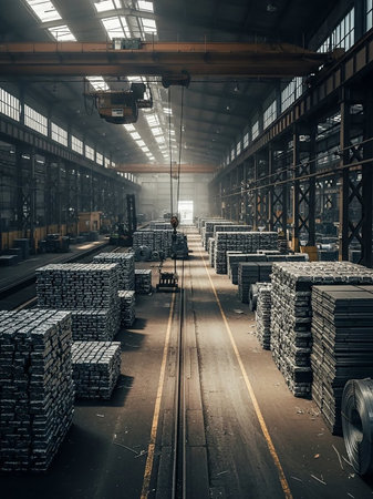 A vast industrial warehouse interior is filled with numerous stacks of metal ingots, with a large overhead crane visible in the center and sunlight streaming through the roof.の素材