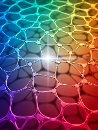 A vibrant rainbow gradient forms an abstract network pattern with interconnected shapes and a bright burst of light at its center.の素材