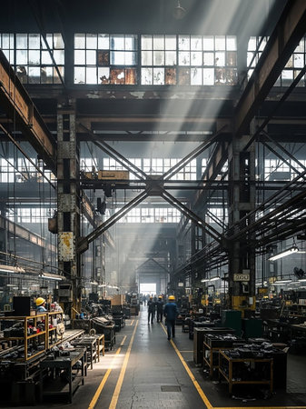 Dramatic sunbeams pierce through the dusty windows of a vast, old industrial warehouse, illuminating rows of machinery and workers on the factory floor.の素材