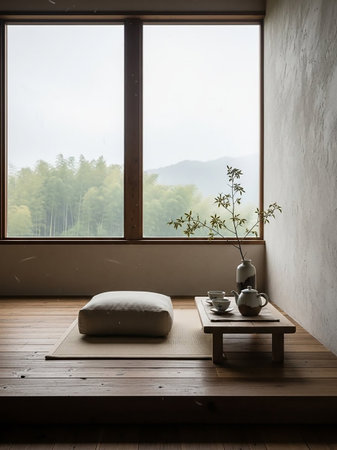 A serene Japanese room with a tatami mat, floor cushion, and low table set for tea, featuring a large window with a view of a bamboo forest and mountains.の素材