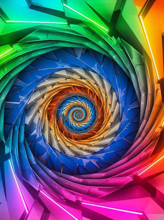A mesmerizing abstract vortex with geometric facets spiraling inwards, rendered in a vibrant rainbow spectrum with glowing edges.の素材
