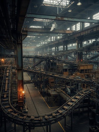 An expansive industrial factory interior filled with intricate conveyor systems, steel beams, and overhead structures under natural light from large windows.の素材