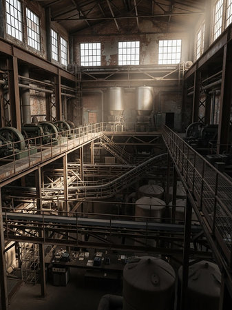 Interior of a large, old industrial building filled with complex pipe systems, large tanks, and various machinery, with light streaming through windows.の素材