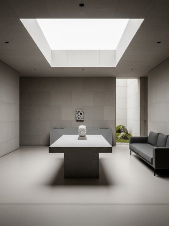 A minimalist room with a large skylight, a stone table with sculptures, and a grey sofa, featuring clean lines and neutral tones.の素材