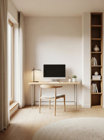 A bright and airy minimalist home office featuring a wooden desk with a computer, a simple chair, and a tall bookshelf filled with books and decor.の素材