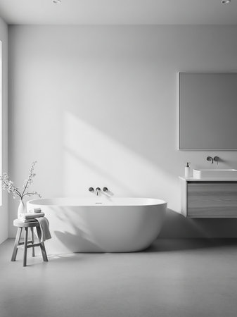 A minimalist bathroom features a sleek white bathtub, a wooden stool with towels, and a vanity with a sink, all illuminated by soft natural light and shadows.の素材