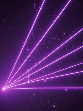 Multiple vibrant purple laser beams radiate from a bright light source into a dark, speckled digital space with glowing particles.の素材