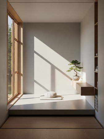 A minimalist room bathed in sunlight streaming through a large wooden-framed window, featuring a bonsai tree and a meditation cushion.の素材