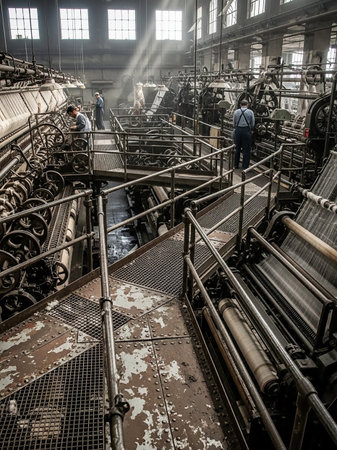 A vintage industrial factory interior with rows of old, rusty machinery and a few workers tending to the equipment, conveying a sense of historical manufacturing.の素材