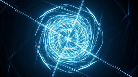 An abstract, intense blue energy vortex with sharp geometric lines and bright light streaks radiates outwards against a dark background.の素材
