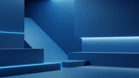 A minimalist abstract scene with geometric shapes in shades of blue, featuring illuminated neon light accents and a stepped platform.の素材