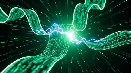 A vibrant green digital data stream flows and twists, illuminated by a bright electrical discharge and radiating light streaks against a dark background.の素材