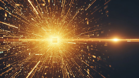 An abstract visualization of a digital circuit board forming a tunnel with glowing orange and yellow light, representing data flow and technology.の素材