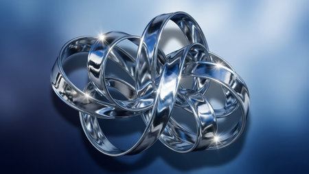 A complex knot formed by interlocking, highly reflective chrome rings against a blue gradient background, showcasing smooth curves and light reflections.の素材