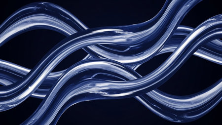 Abstract wavy blue tubes with a highly reflective, glossy surface twist and turn against a dark, deep blue background.の素材