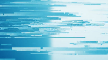 An abstract digital background with a blue and white glitch effect, featuring fragmented horizontal lines and pixelated distortions suggesting data corruption.の素材