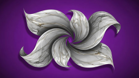 A symmetrical abstract design of swirling marble-like petals arranged in a circular pattern against a vibrant purple background.の素材