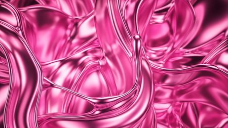 A close-up, abstract view of dynamic, flowing pink metallic liquid creating waves, splashes, and smooth curves with a high-gloss finish.の素材