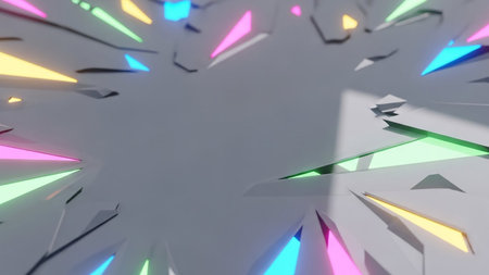 Abstract geometric fragments with sharp edges are arranged on a grey surface, illuminated by colorful neon light accents.の素材