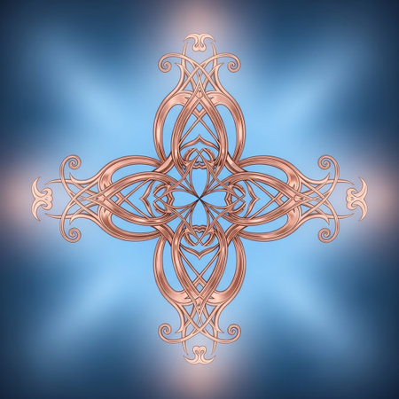An abstract copper-colored Art Nouveau style motif featuring swirling tendrils and floral elements is set against a soft blue gradient background.の素材
