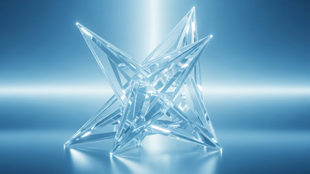 A transparent geometric crystal sculpture with sharp facets reflects light against a soft blue gradient background, creating a luminous and clean aesthetic.の素材