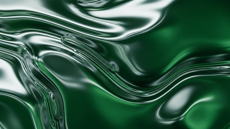 A close-up abstract view of a dark green metallic liquid surface with smooth, flowing ripples and bright reflections creating a luxurious texture.の素材