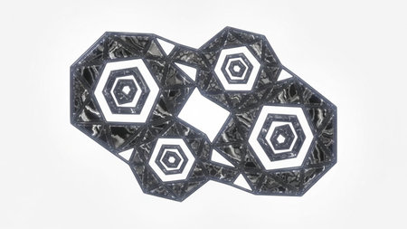 An abstract geometric fractal shape composed of interlocking hexagons and triangles with a metallic, reflective texture against a clean white background.の素材