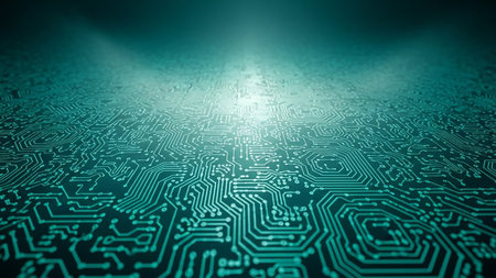 An intricate, glowing teal circuit board pattern stretches into the distance, illuminated by bright light rays from above.の素材